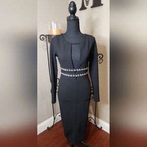 Symphony Black Long Sleeve Dress with RhinestoEmbellished Waist And Deep V Front